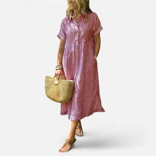 Melania - Robe Chemise Rayée avec Poches et Boutons Élégants