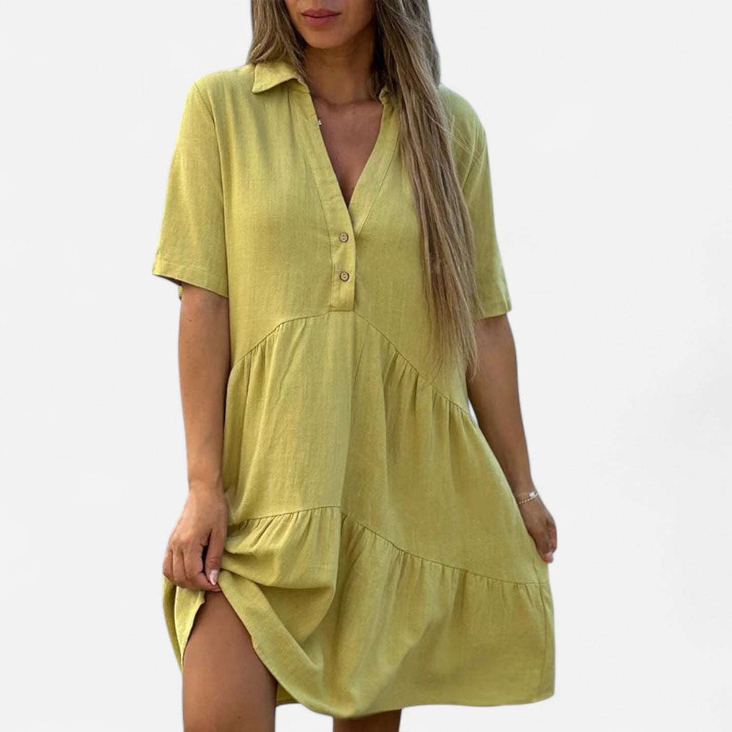 Vionelle - Robe décontractée en coton et lin, manches courtes pour femme