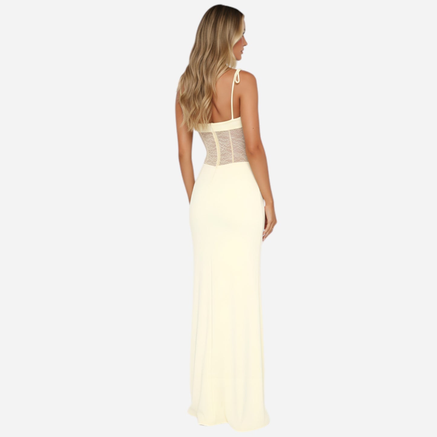 Robe longue femme avec corsage en dentelle et fines bretelles