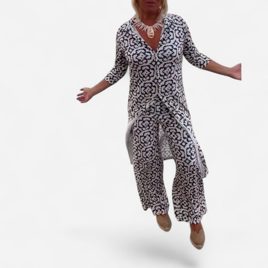 Livia - Ensemble Vintage Imprimé avec Revers Élégants et Boutons Chic