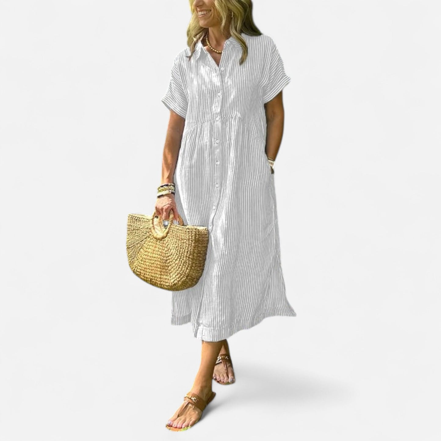 Melania - Robe Chemise Rayée avec Poches et Boutons Élégants