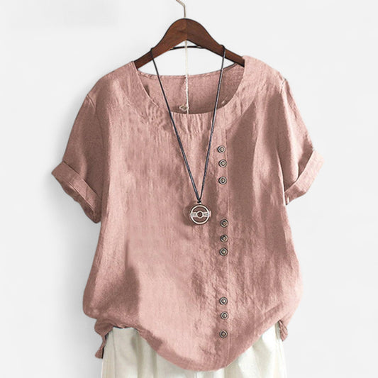 Haut en Lin à Bouton Asymétrique - Coupe Décontractée, Manches Courtes