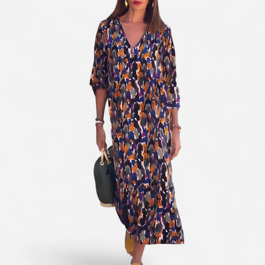 Lorina - Robe col V imprimé rétro élégante et tendance