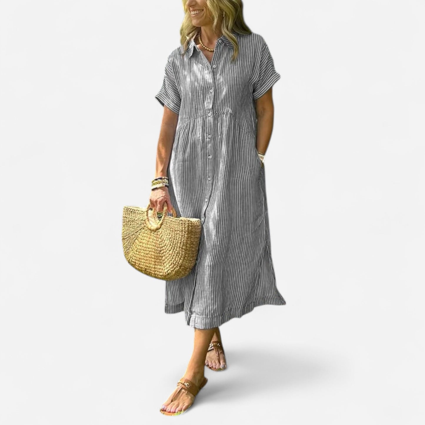 Melania - Robe Chemise Rayée avec Poches et Boutons Élégants