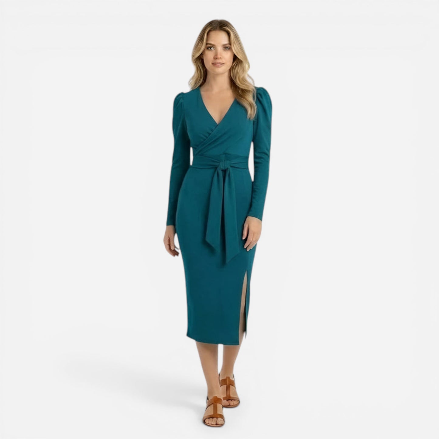 Robe midi élégante femme à manches longues, décolleté V, fente séduisante