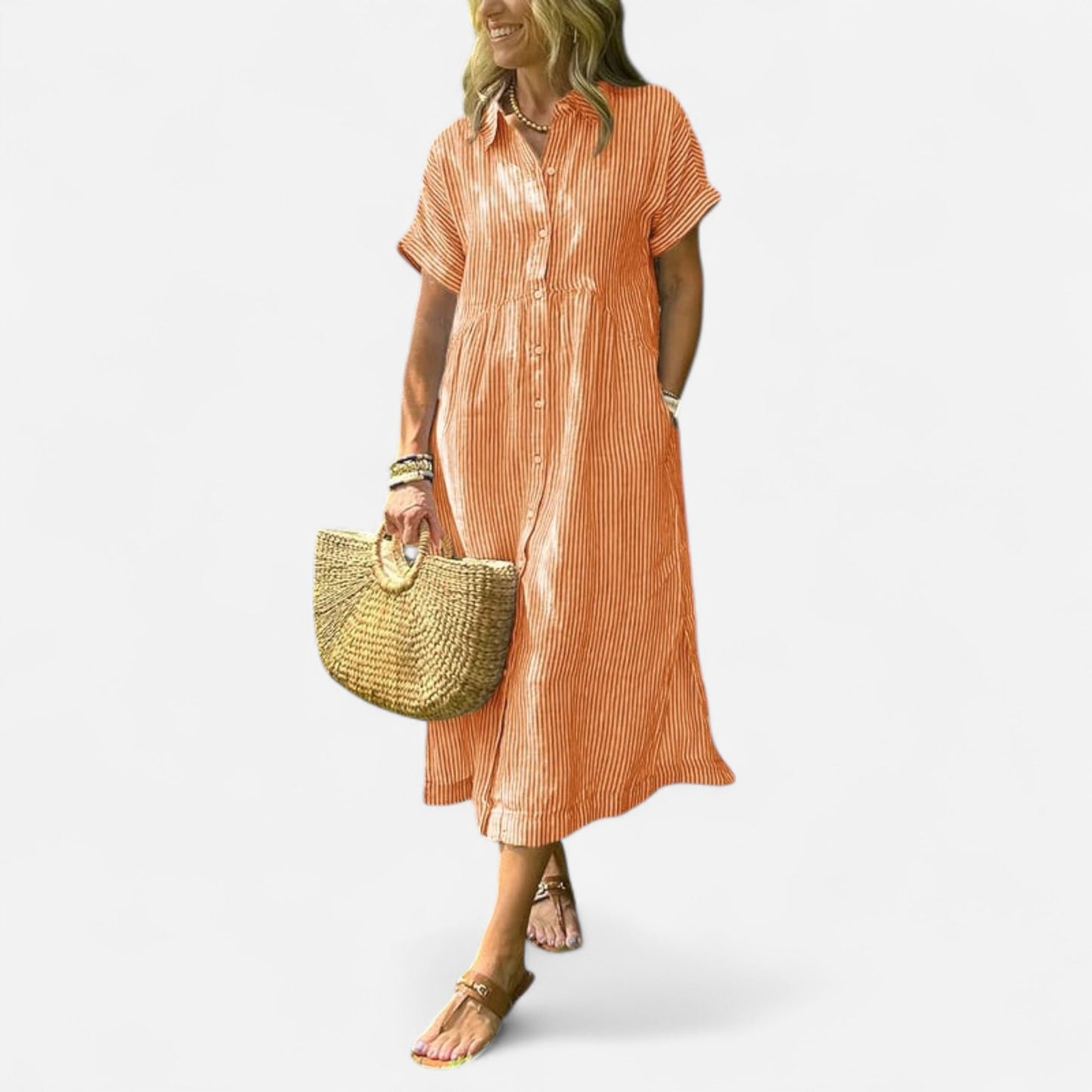Melania - Robe Chemise Rayée avec Poches et Boutons Élégants