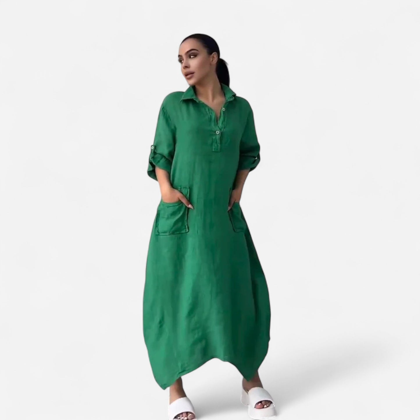 Leontine - Robe maxi en lin et coton avec revers élégant