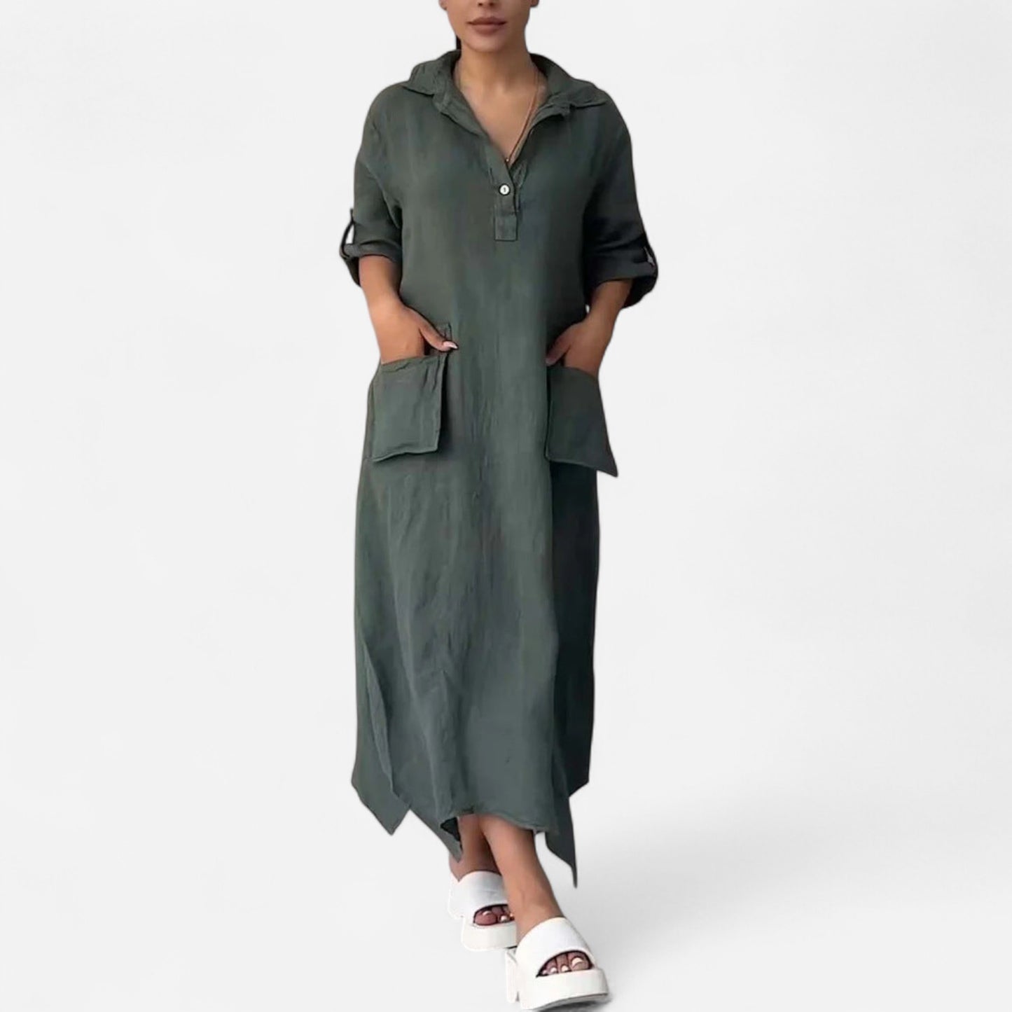 Leontine - Robe maxi en lin et coton avec revers élégant