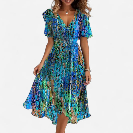 Robe Midi Chiffon Floral - Manches Volantes, Style Bohème Été