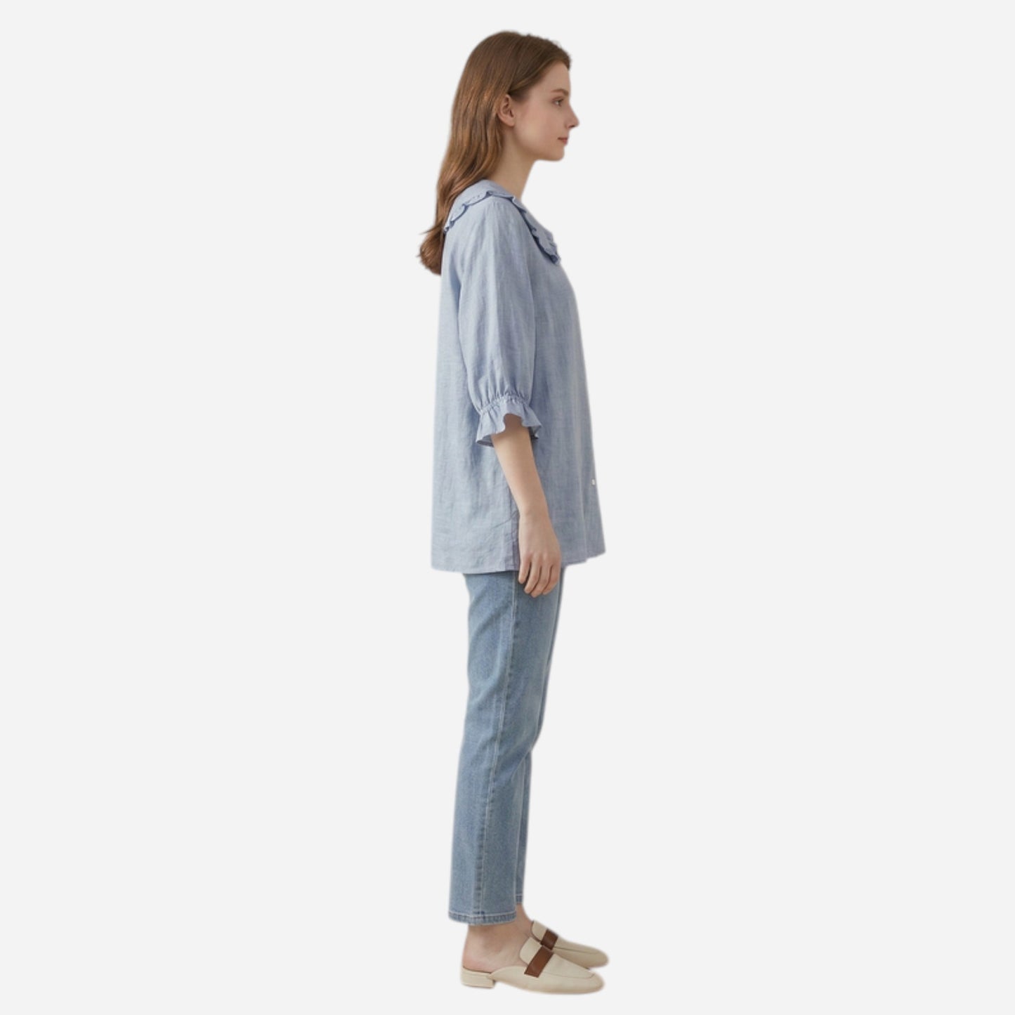 Chemisier en coton pour femme avec col volanté, manches 3/4, blouse décontractée à boutons.