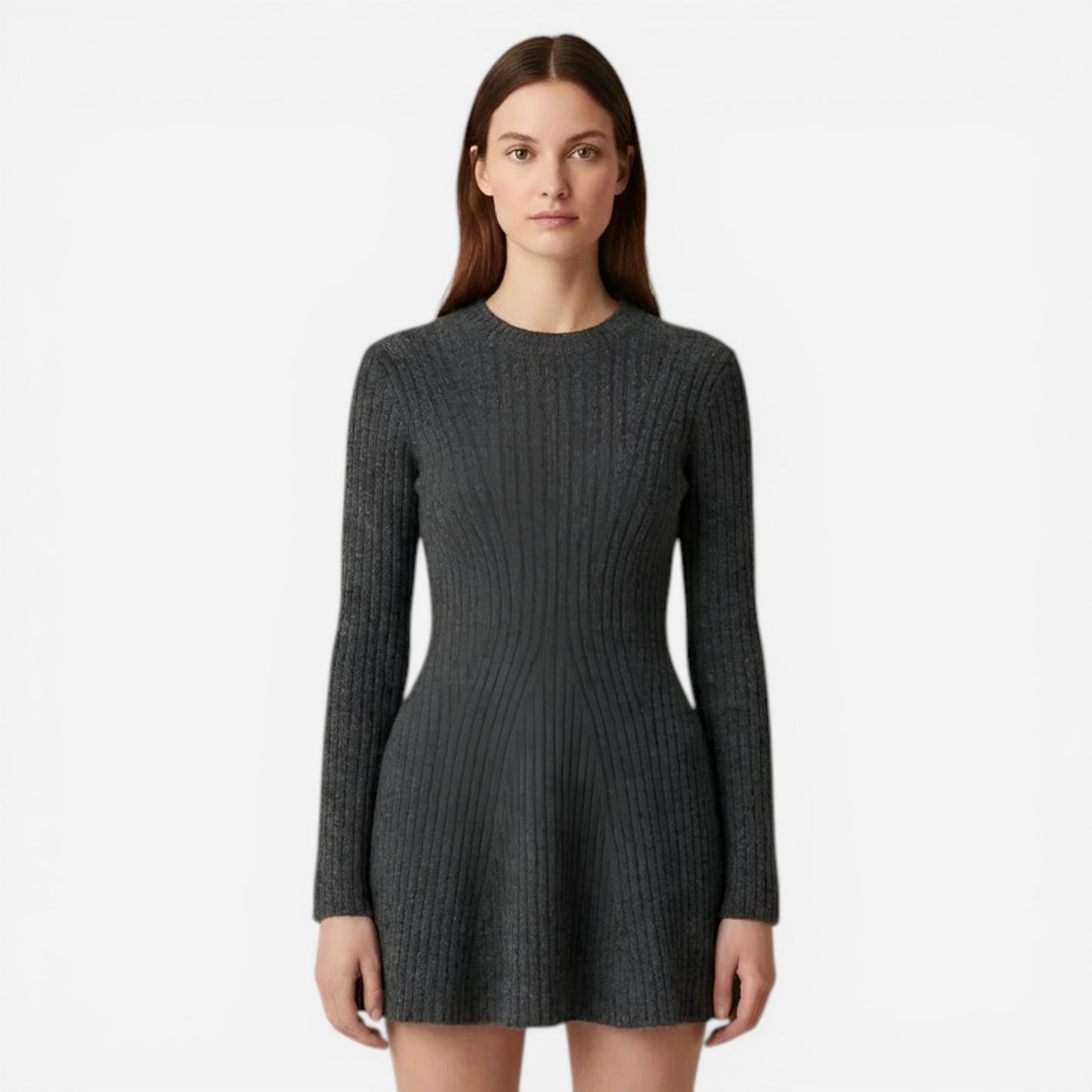 Robe courte en tricot côtelé pour femme, manches longues, col roulé, ajustée et décontractée