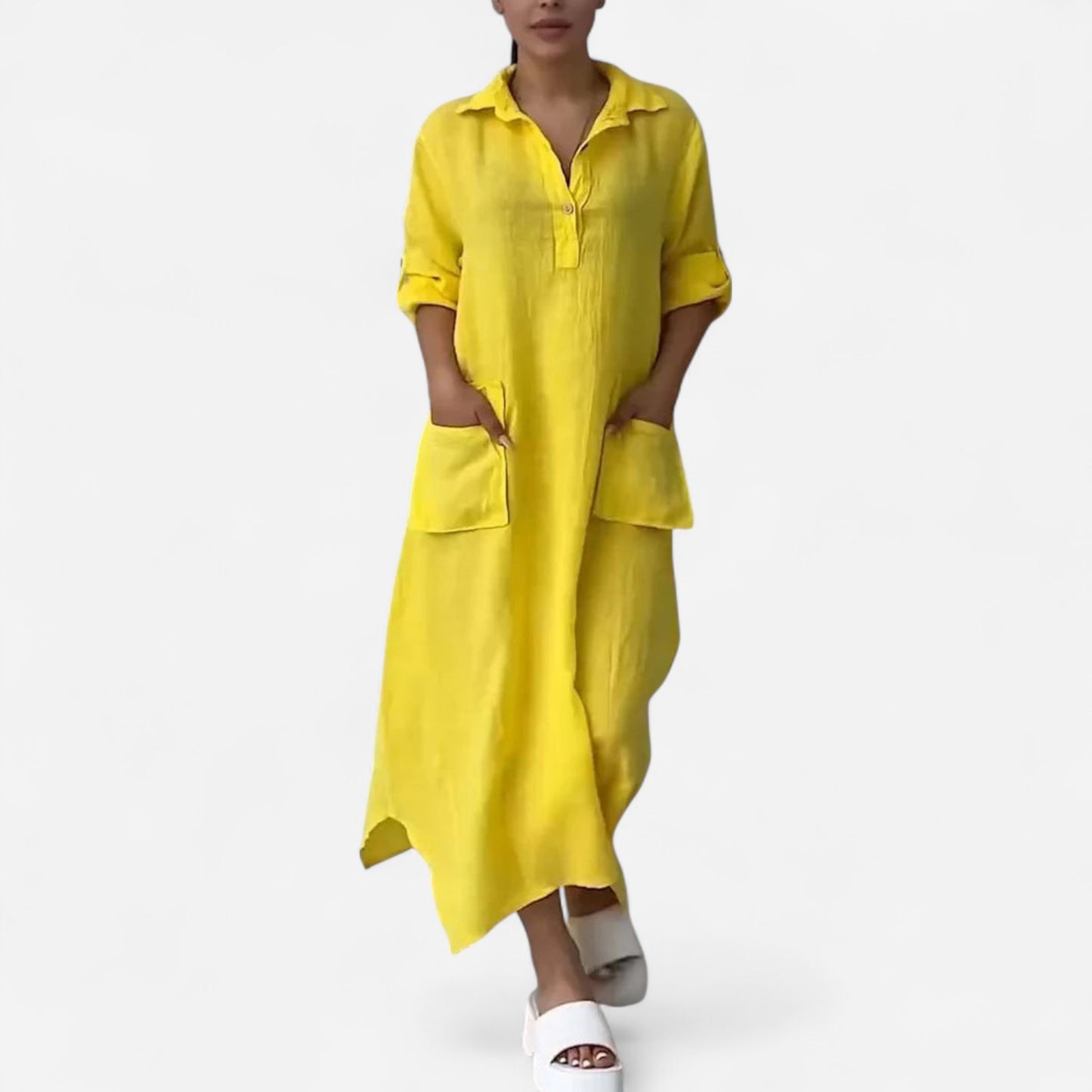Leontine - Robe maxi en lin et coton avec revers élégant