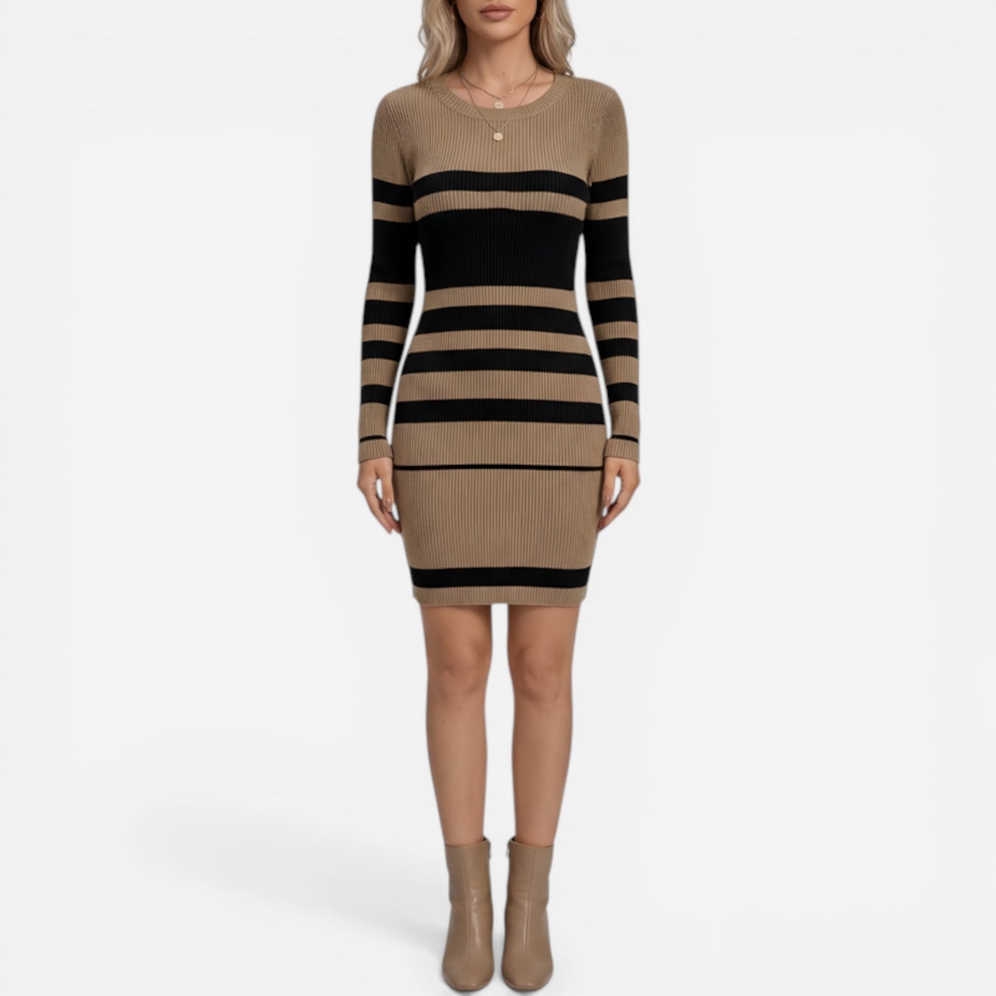 Robe Tricot Rayée Femme Ajustée à Manches Longues - Élégante et Confortable