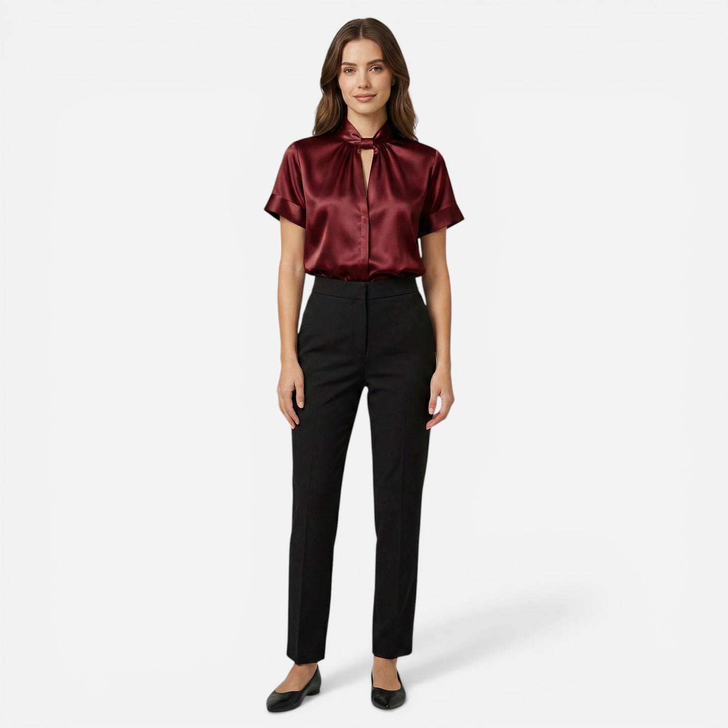 Blouse Élégante Femme à Manches Courtes, Col Haut et Détails Découpés