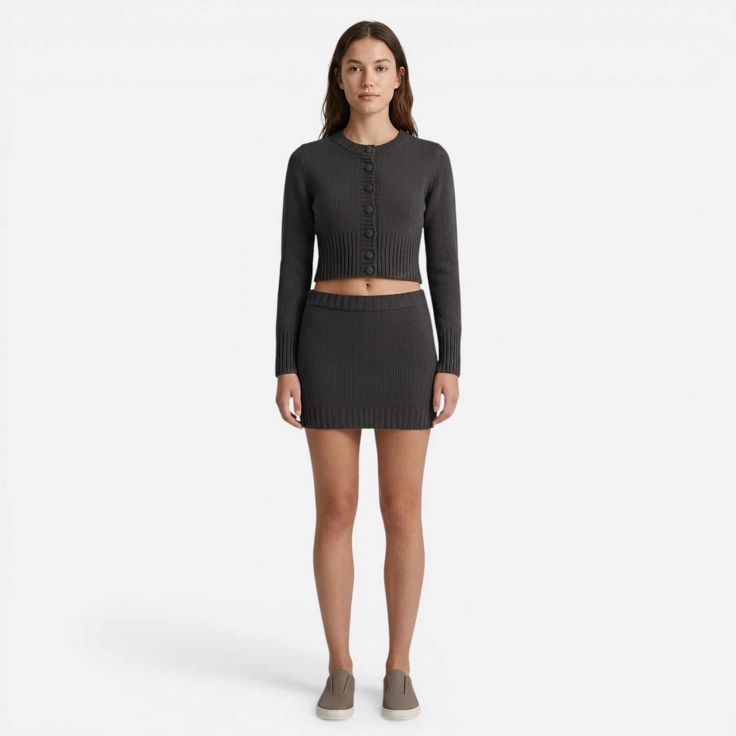 Ensemble en tricot côtelé pour femmes : cardigan et jupe courte élastique