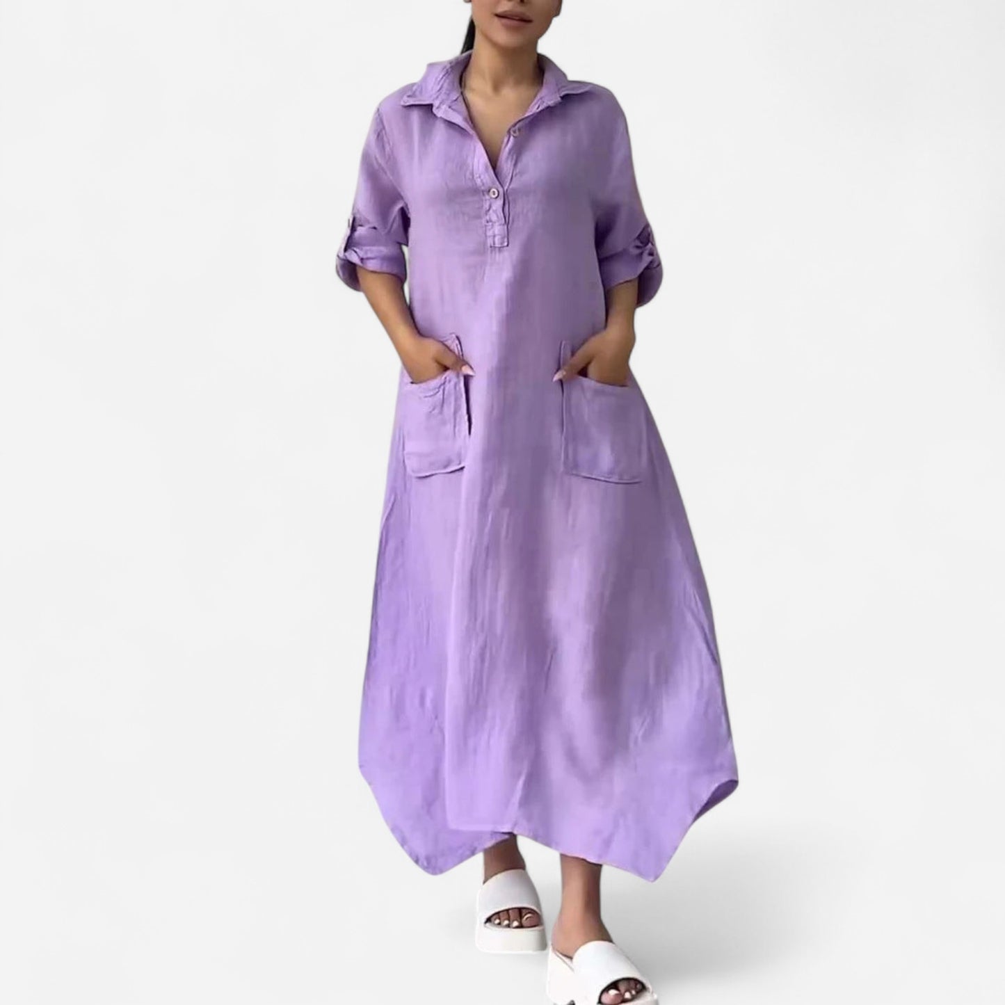 Leontine - Robe maxi en lin et coton avec revers élégant