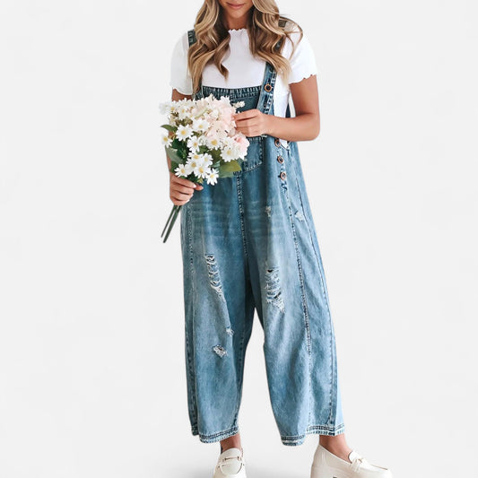 Salopette en Denim Distressé - Coupe Lâche avec Ourlet Reversé