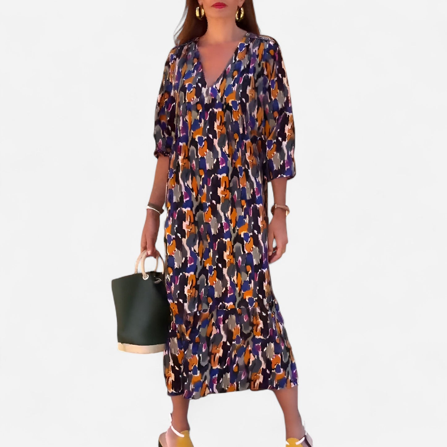 Lorina - Robe col V imprimé rétro élégante et tendance