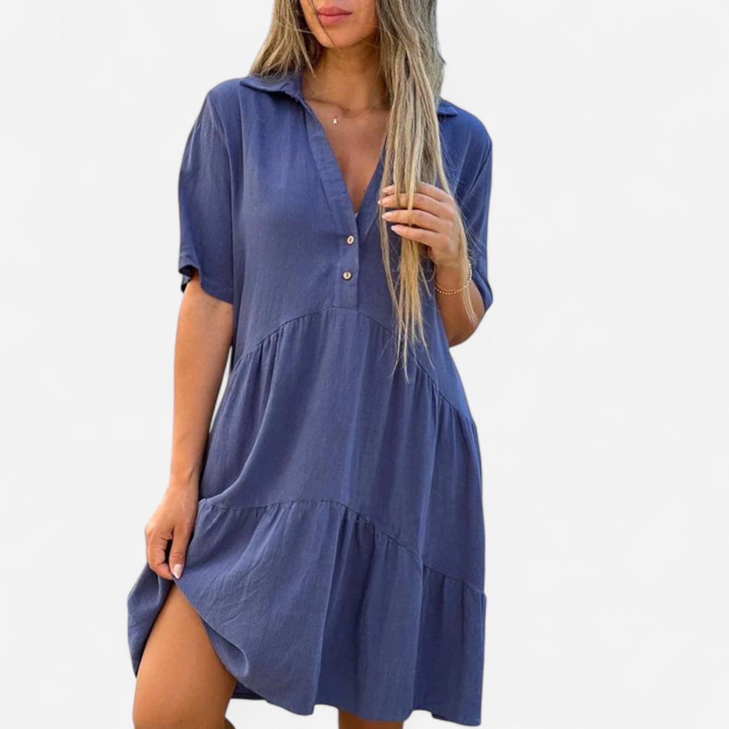 Vionelle - Robe décontractée en coton et lin, manches courtes pour femme