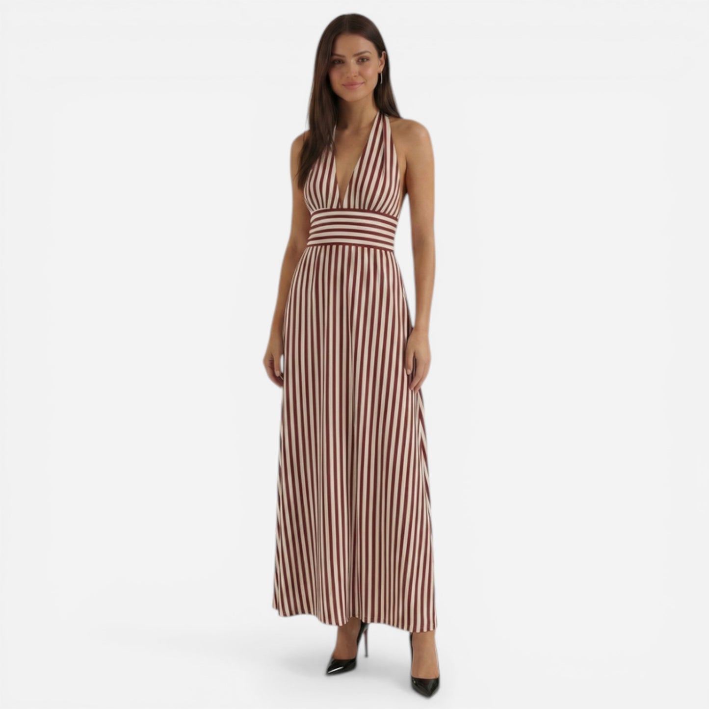 Robe longue rayée avec décolleté en V et dos ouvert pour femmes