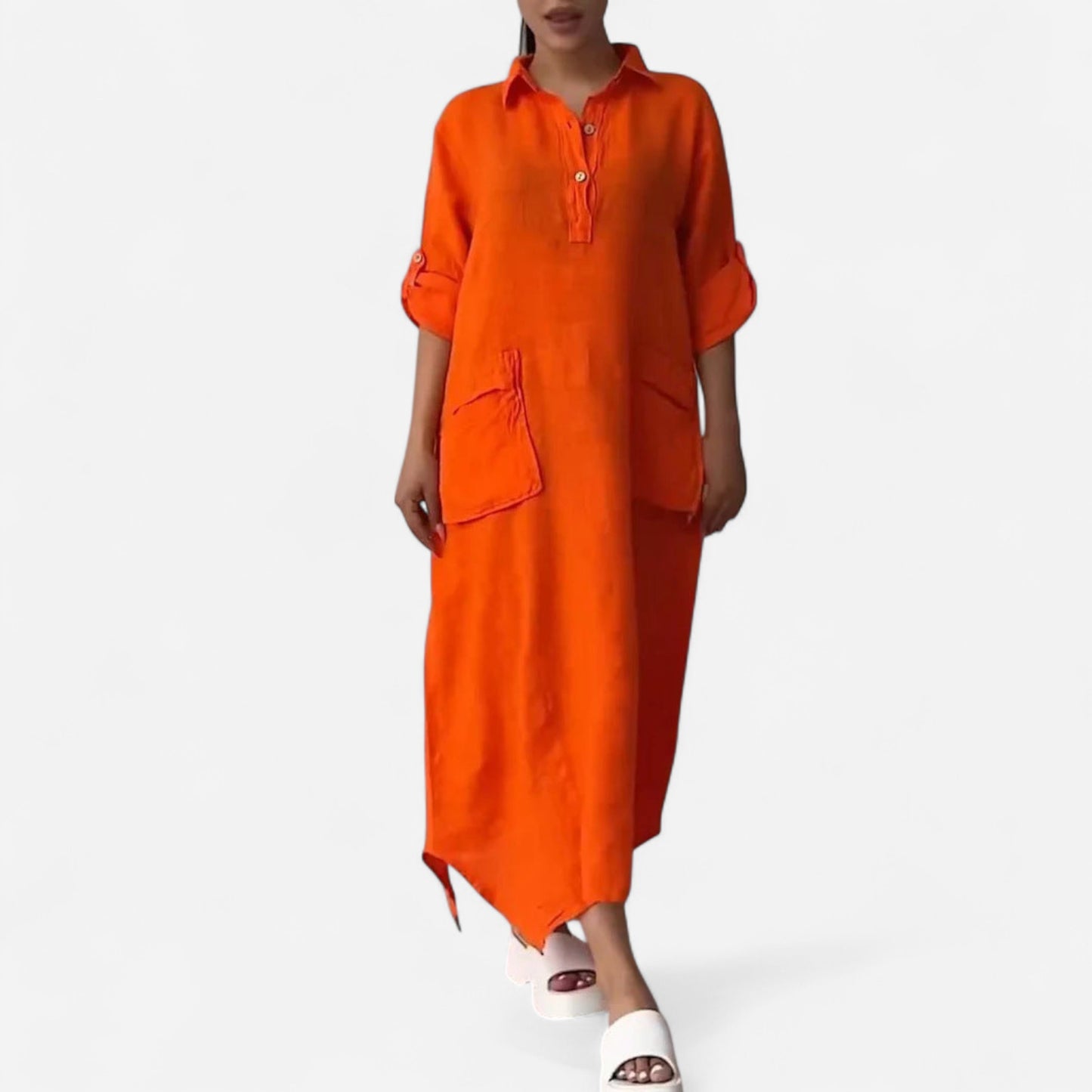 Leontine - Robe maxi en lin et coton avec revers élégant