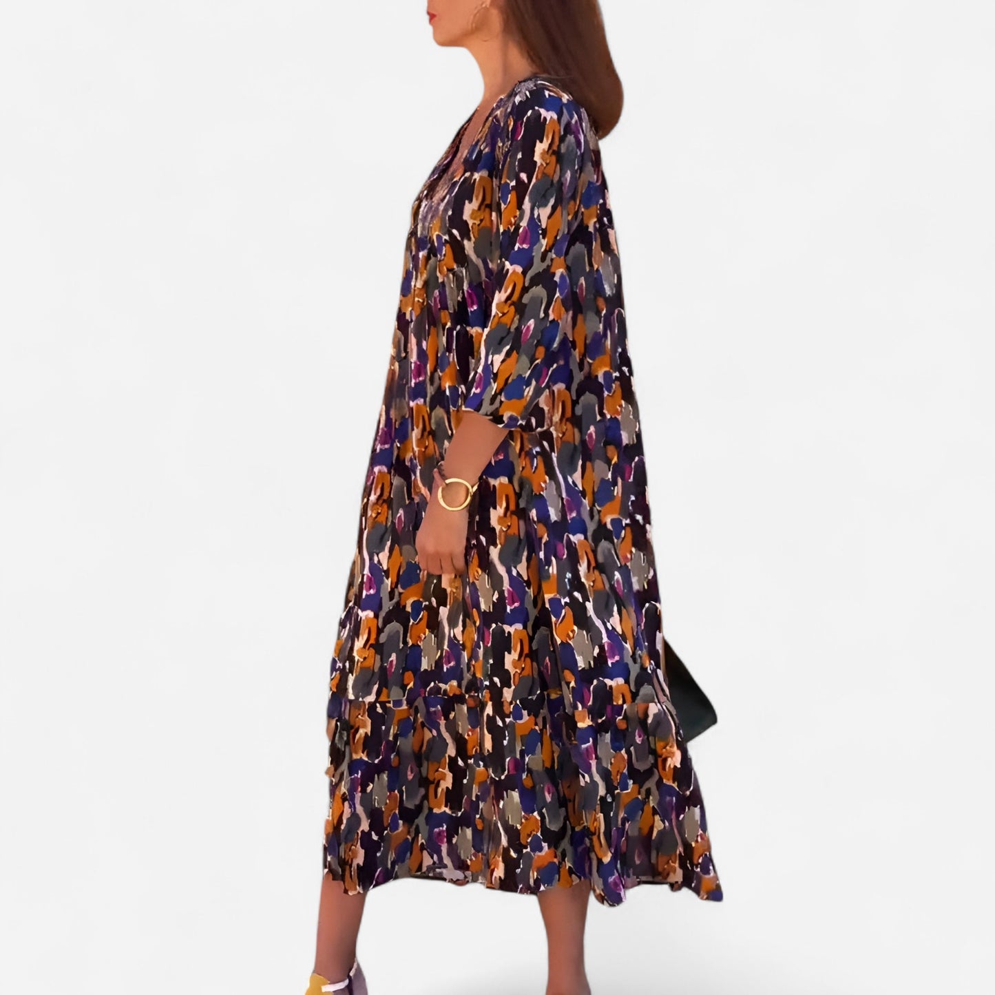 Lorina - Robe col V imprimé rétro élégante et tendance