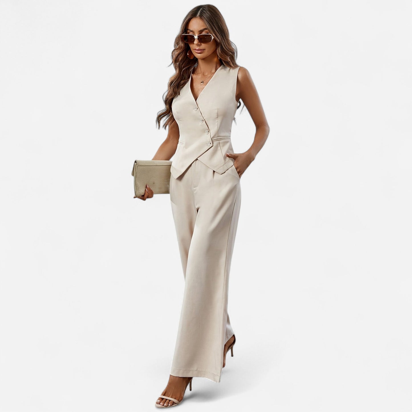 Pantalon Combinaison Sans Manches Élégant - Veste Asymétrique Ajustée