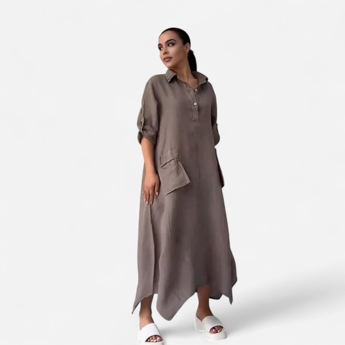 Leontine - Robe maxi en lin et coton avec revers élégant