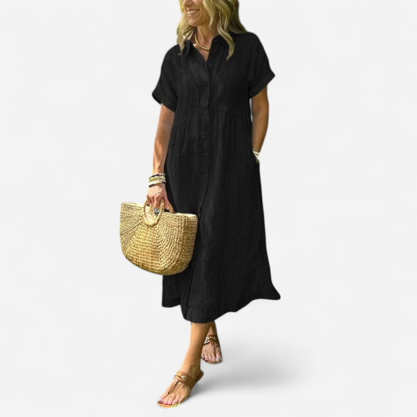 Melania - Robe Chemise Rayée avec Poches et Boutons Élégants