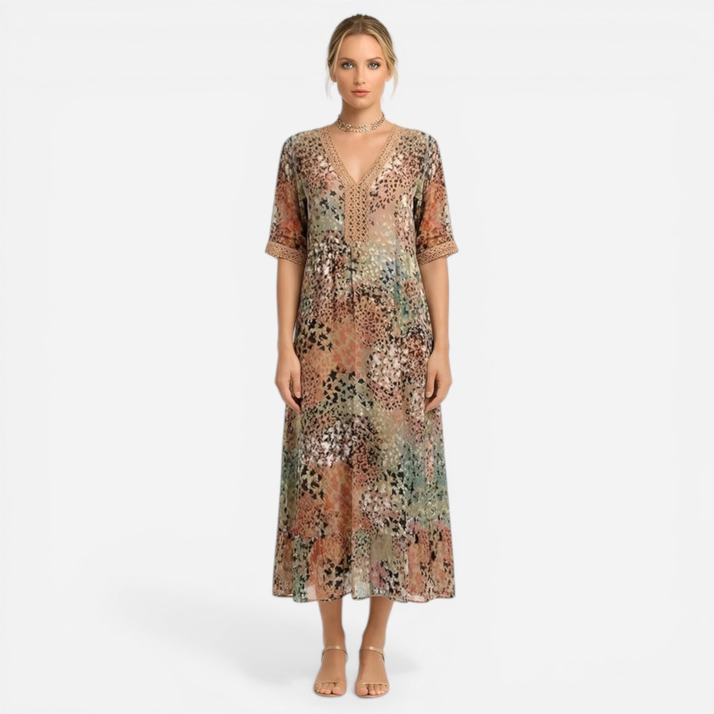 Robe Longue Femme Imprimé Floral V-Neck Été Manches Courtes