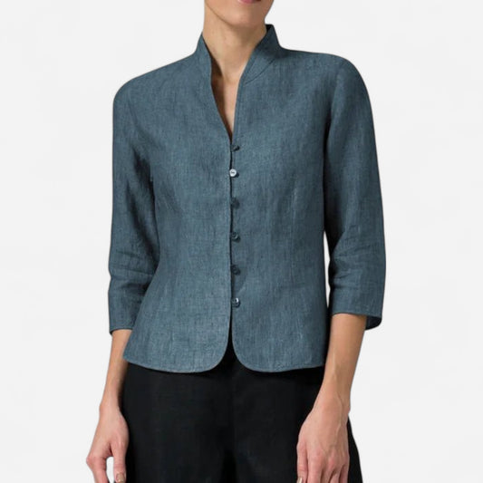 Blouse en Lin Mélangé à Col Mandarin - Manches 3/4 Ajustée
