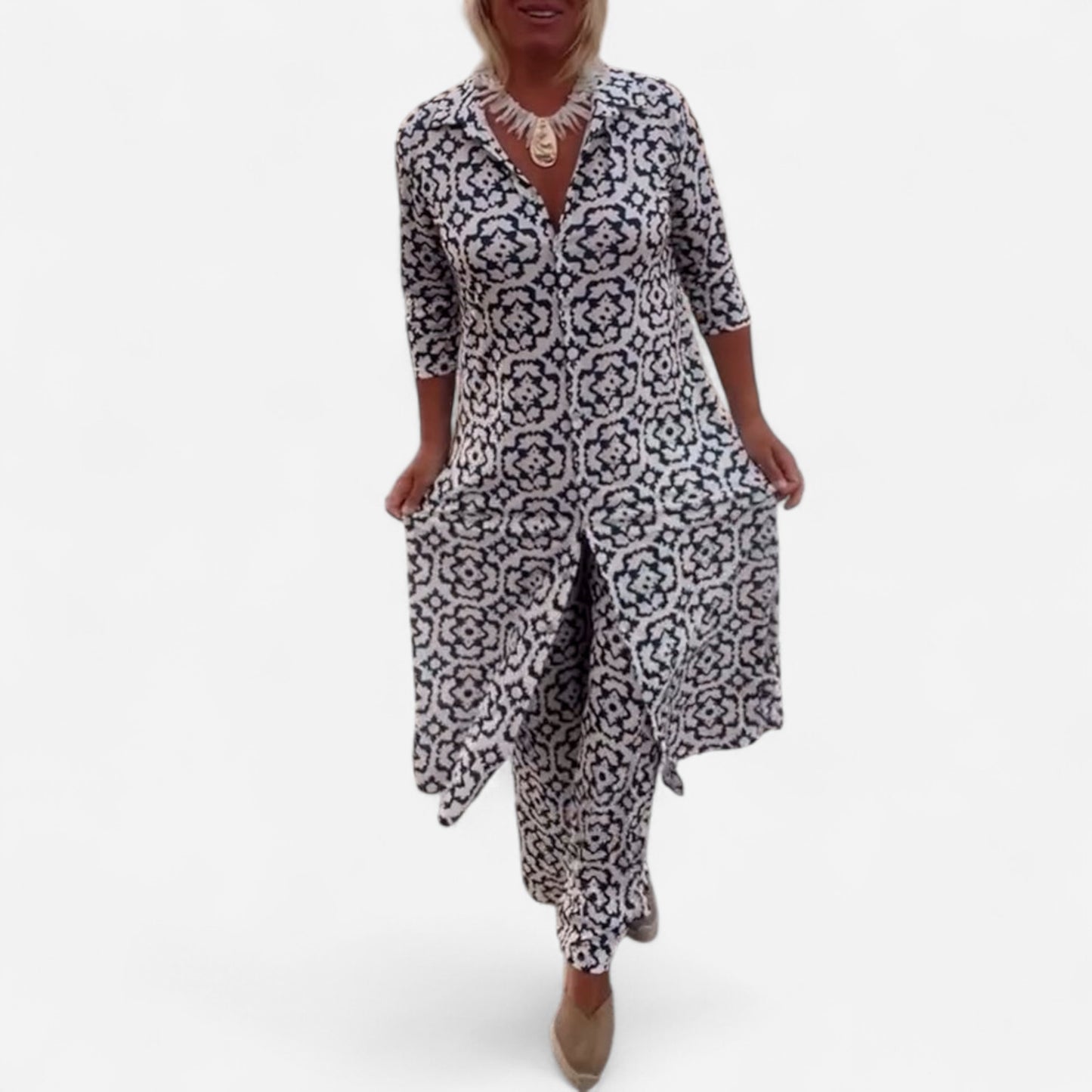 Livia - Ensemble Vintage Imprimé avec Revers Élégants et Boutons Chic