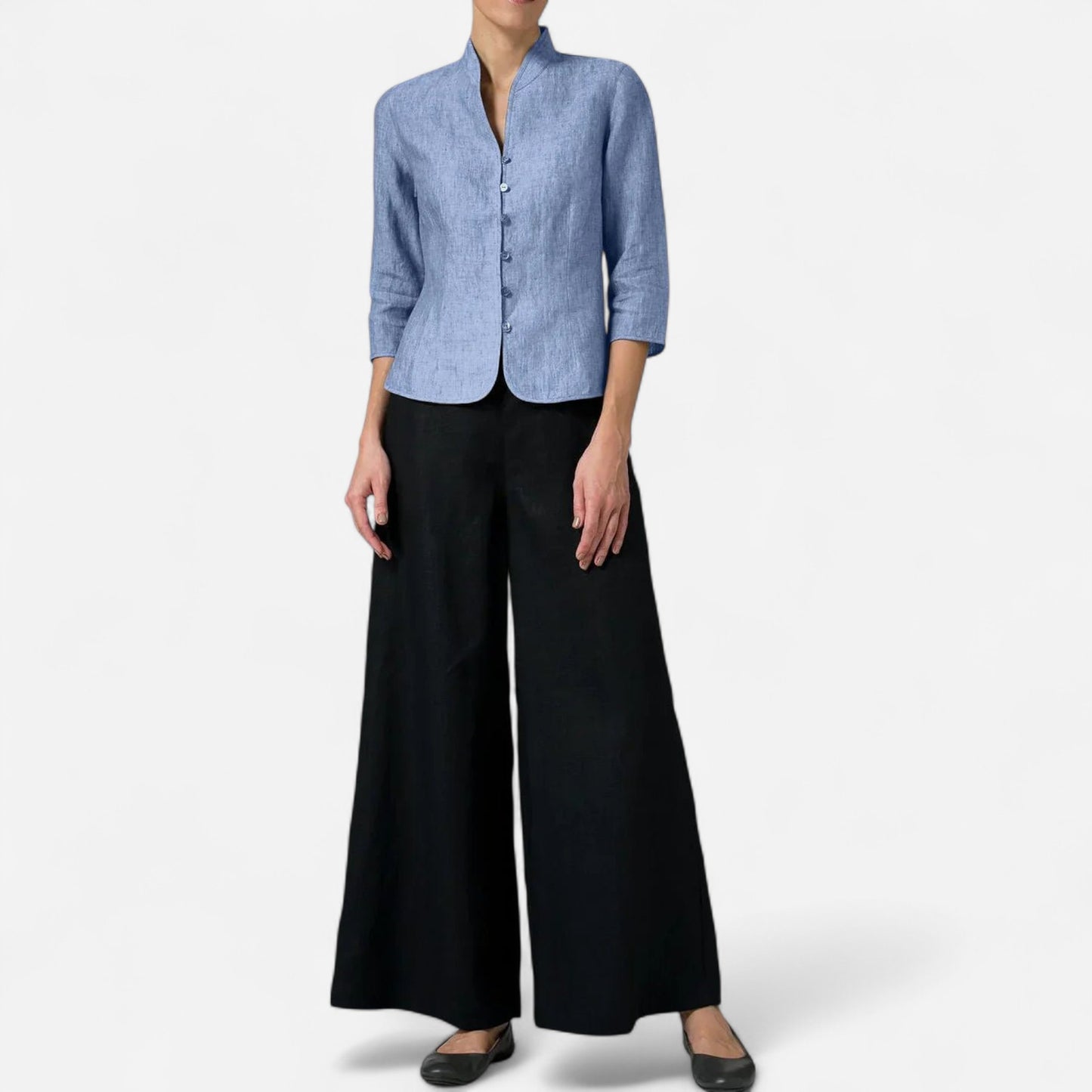 Blouse en Lin Mélangé à Col Mandarin - Manches 3/4 Ajustée