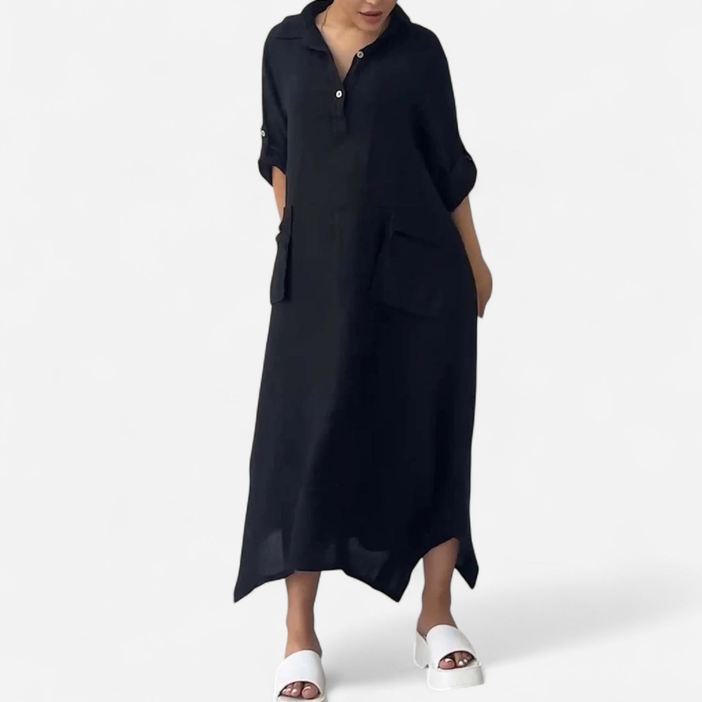Leontine - Robe maxi en lin et coton avec revers élégant