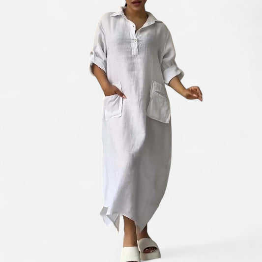 Leontine - Robe maxi en lin et coton avec revers élégant