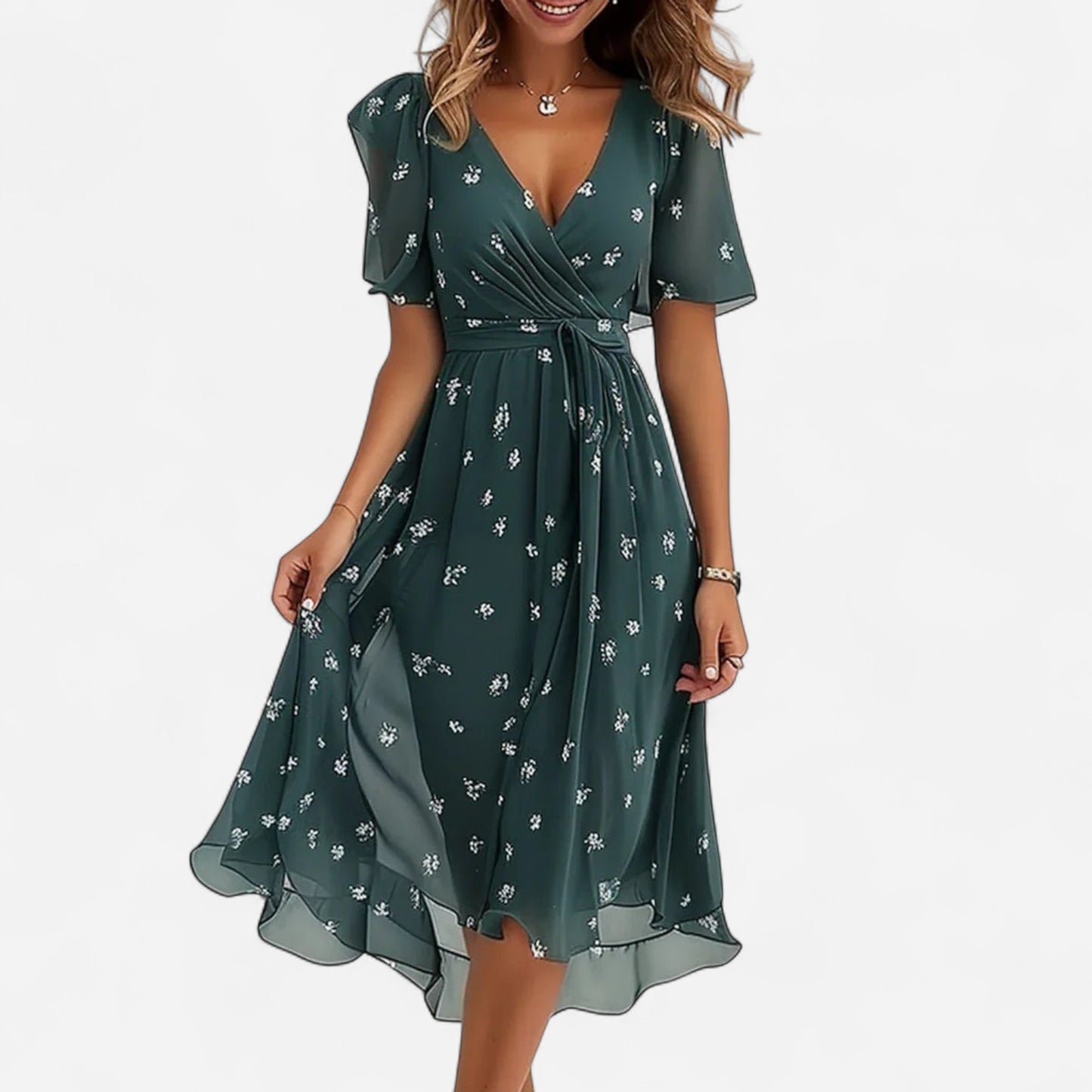 Robe Midi Chiffon Floral - Manches Volantes, Style Bohème Été