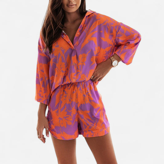 Ensemble Chemise Boutonnée et Shorts - Imprimé Éclatant, Tissu Léger pour Été Casual