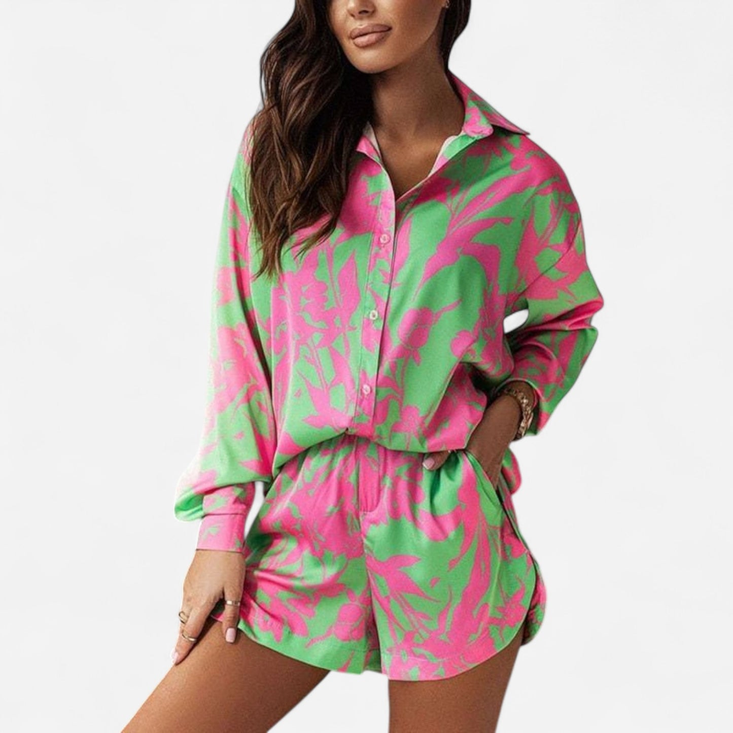 Ensemble Chemise Boutonnée et Shorts - Imprimé Éclatant, Tissu Léger pour Été Casual