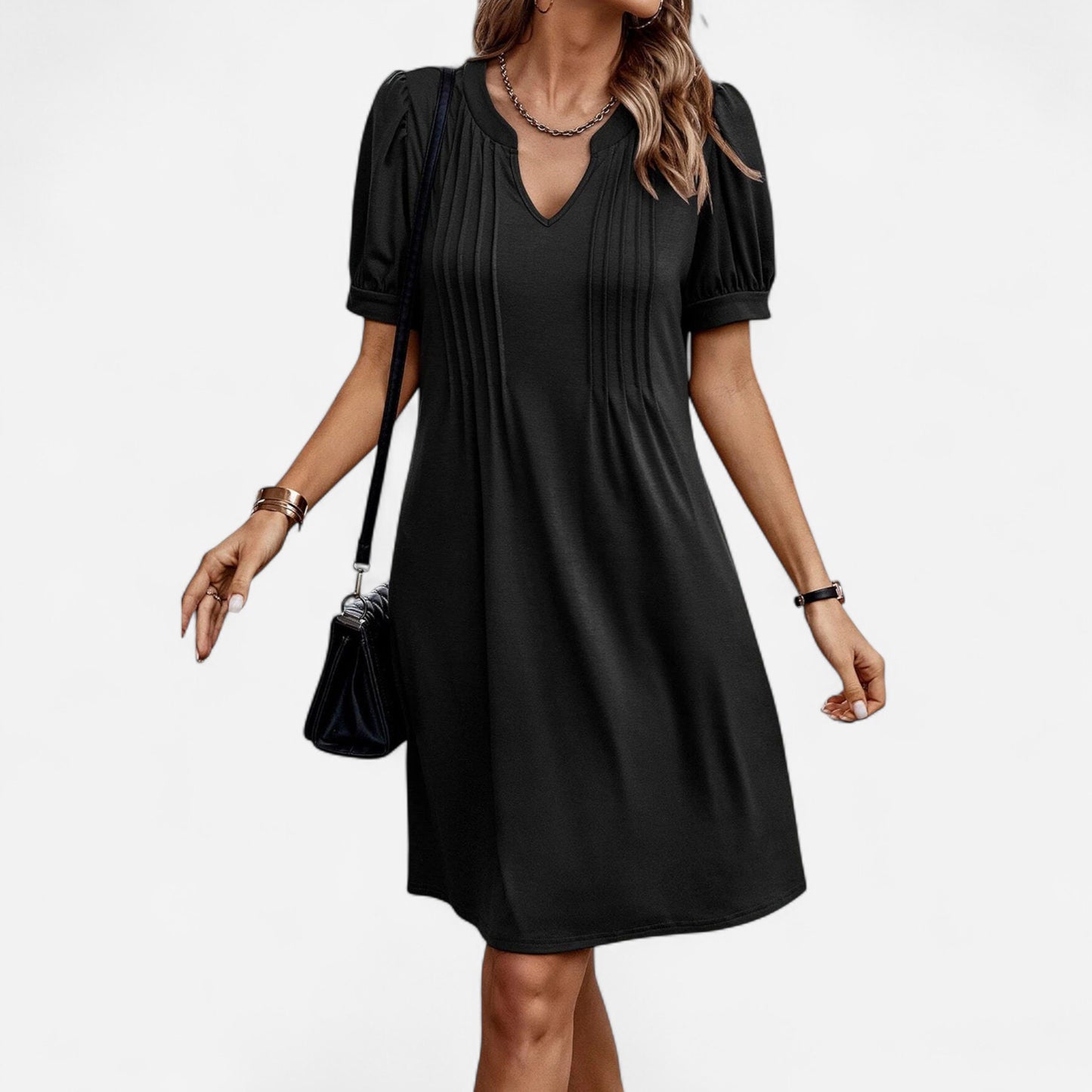 Kaitlyn - Robe T-shirt à col en V, manches bouffantes plissées