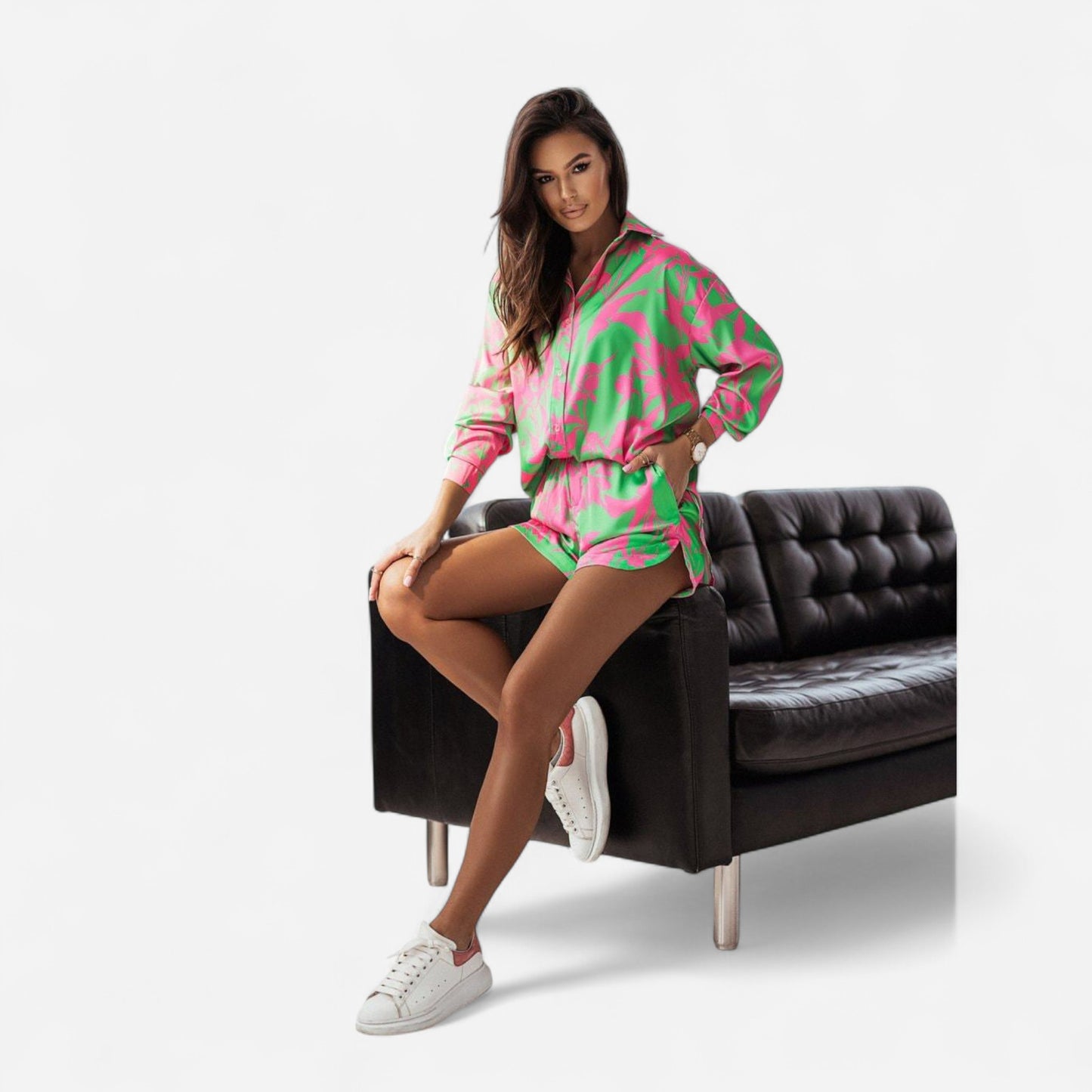 Ensemble Chemise Boutonnée et Shorts - Imprimé Éclatant, Tissu Léger pour Été Casual