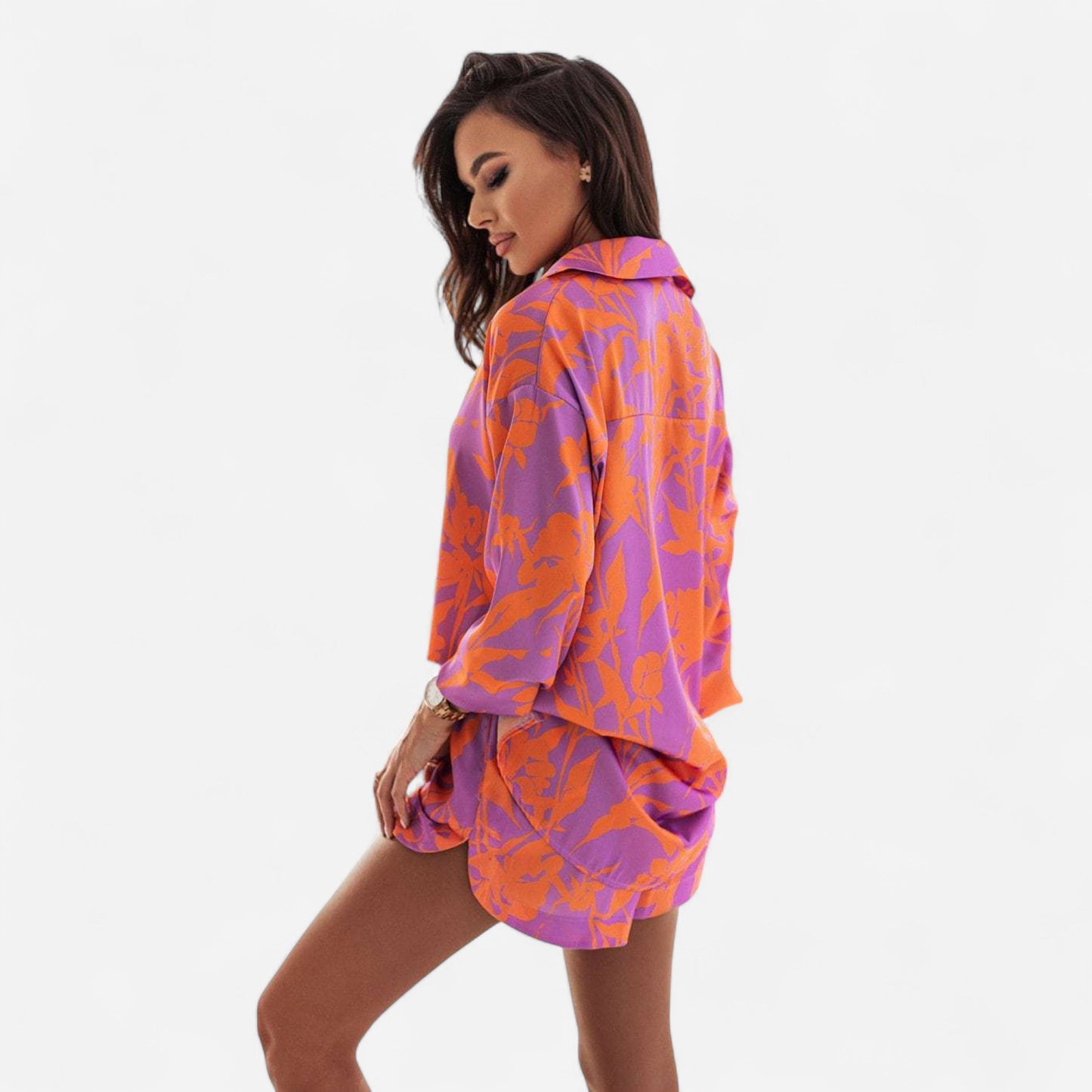 Ensemble Chemise Boutonnée et Shorts - Imprimé Éclatant, Tissu Léger pour Été Casual