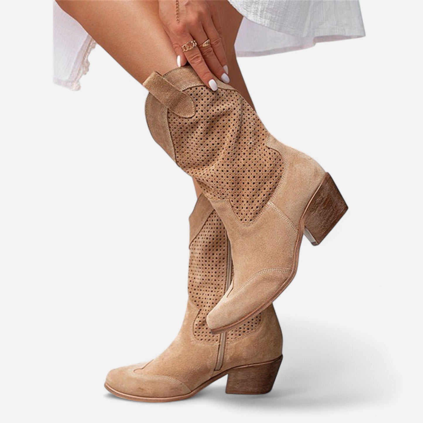 Bottes Western Perforées en Suède - Talon Bloc Chic Décontracté