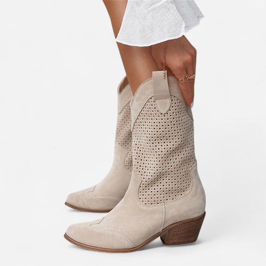 Bottes Western Perforées en Suède - Talon Bloc Chic Décontracté