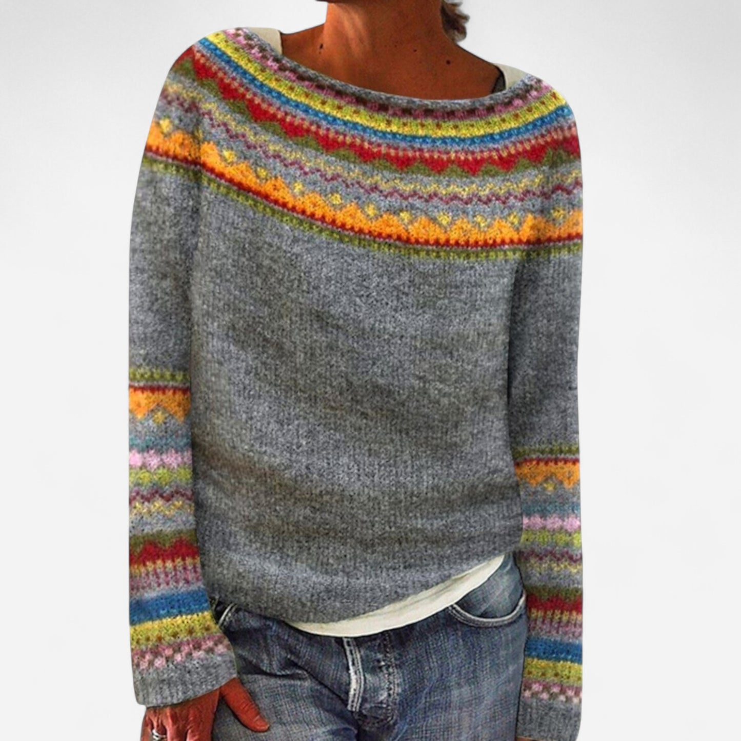 Lena - Pull rétro automnal avec col bateau et motif nordique