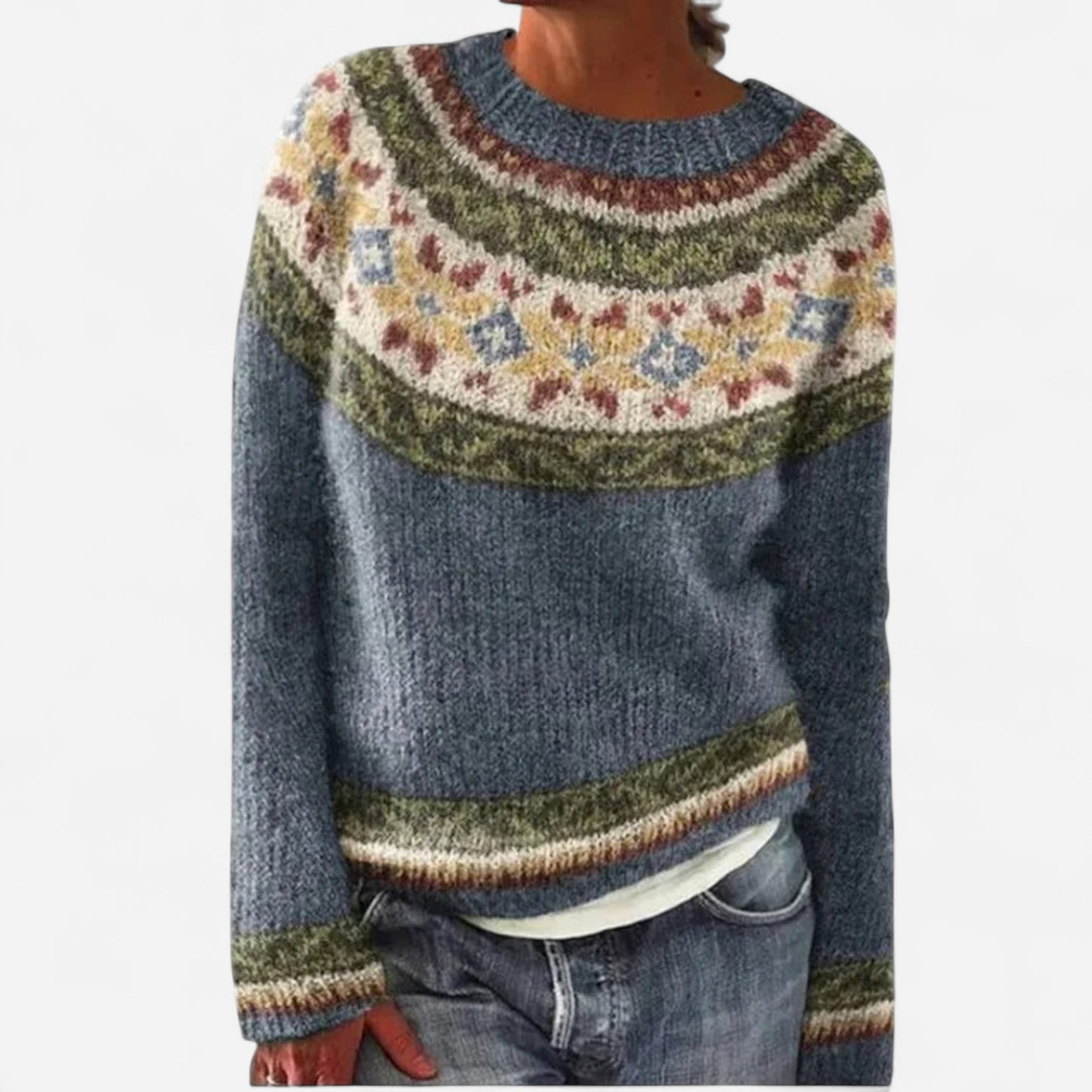 Lena - Pull rétro automnal avec col bateau et motif nordique