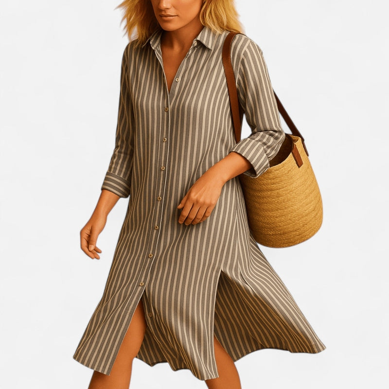 Québec Élégance Dress Linnea - Robe Chemise Rayée Élégante pour Femmes, Style Classique