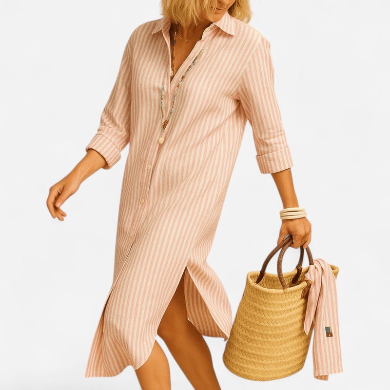 Québec Élégance Dress Linnea - Robe Chemise Rayée Élégante pour Femmes, Style Classique