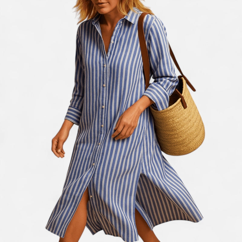 Québec Élégance Dress Linnea - Robe Chemise Rayée Élégante pour Femmes, Style Classique