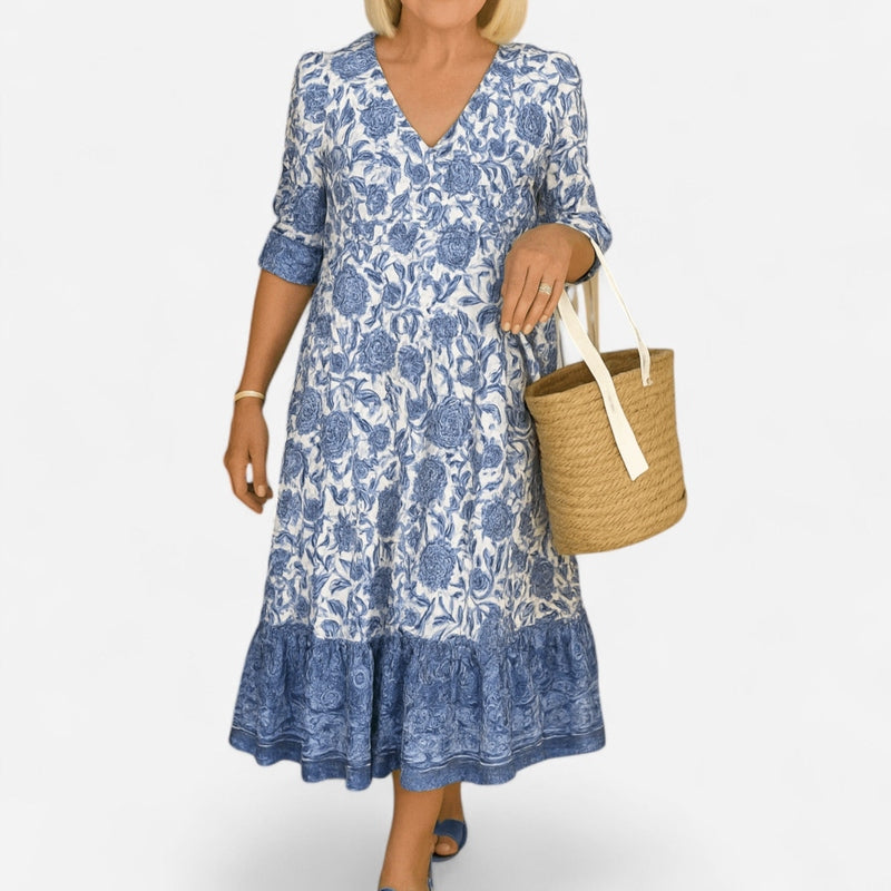 Québec Élégance Dresses Annika - Élégante robe à fleurs avec décolleté en V pour femmes