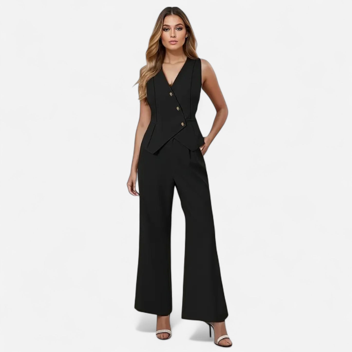 Pantalon Combinaison Sans Manches Élégant - Veste Asymétrique Ajustée